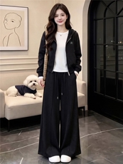 高级感休闲运动套装女春秋双头拉链卫衣内搭白色T恤阔腿裤三件套，女装套装/套裙，江南