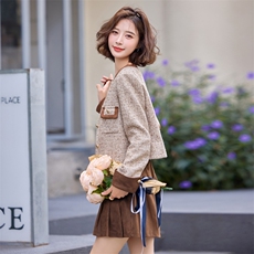 韩城.小香风编织粗花呢套裙24年秋季淑女短外套麂皮绒百折裙短裙y，女装套装/套裙，雅静靓衣