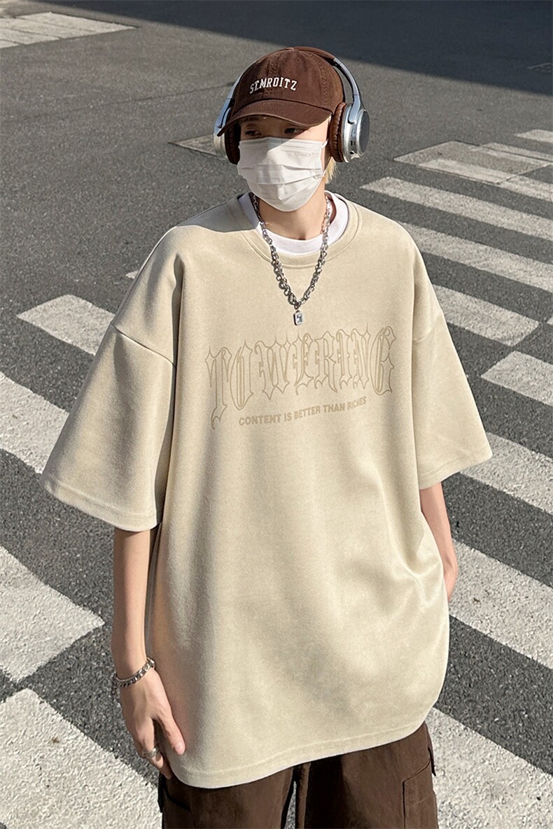 2023夏美式麂皮绒烧花短袖T恤男oversize潮流高街打底衫T156-P38,男装T恤,电商A001-1