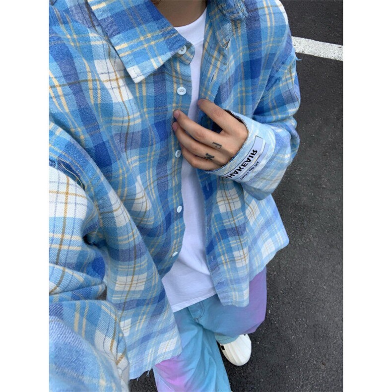粉色现货-蓝色格子衬衫男夏季长袖情侣衬衣CS266特P36,男装衬衫,星座1007（原301D）