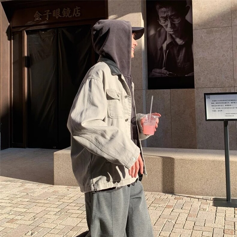 初秋水洗做旧牛仔外套oversize宽松拼接皮领廓形复古重磅上衣,男装工装外套,星座1210-1
