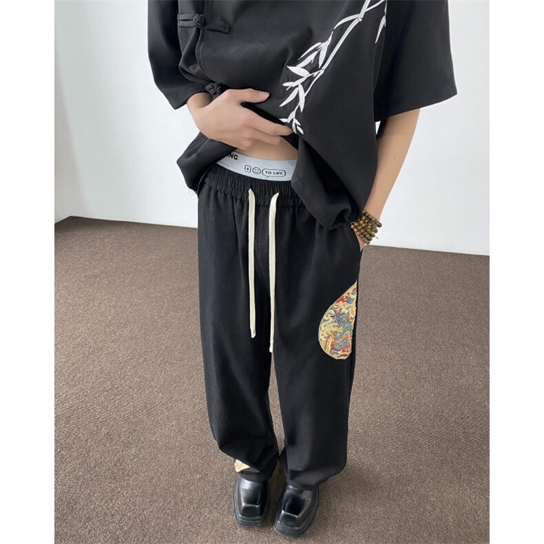 2024春夏新款潮新中式刺绣宽松直筒休闲裤B315-K24047-P55控68,男装休闲裤,电商B315