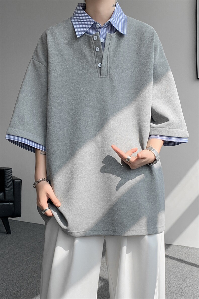8XL-M假两件衬衫领短袖T恤大码夏季条纹拼接polo衫半袖DX1211/P45,男装T恤,电商B238
