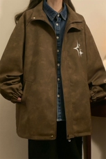 中性风PU皮复古做旧可拆卸四芒星胸针大码M-5XL夹克男JK77757P90，男装夹克，星座227-7