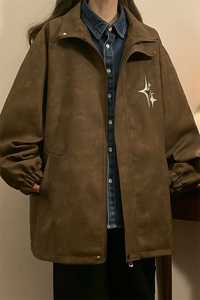 中性风PU皮复古做旧可拆卸四芒星胸针大码M-5XL夹克男JK77757P90图片