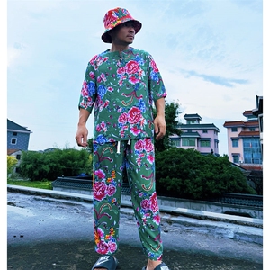 TZ340男士夏秋风大花套装大码宽松凉爽透气个性外套可作睡衣图片