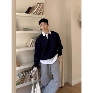 杭州货美式重磅v领连帽高街卫衣男拼接设计感休闲情侣长袖上图片