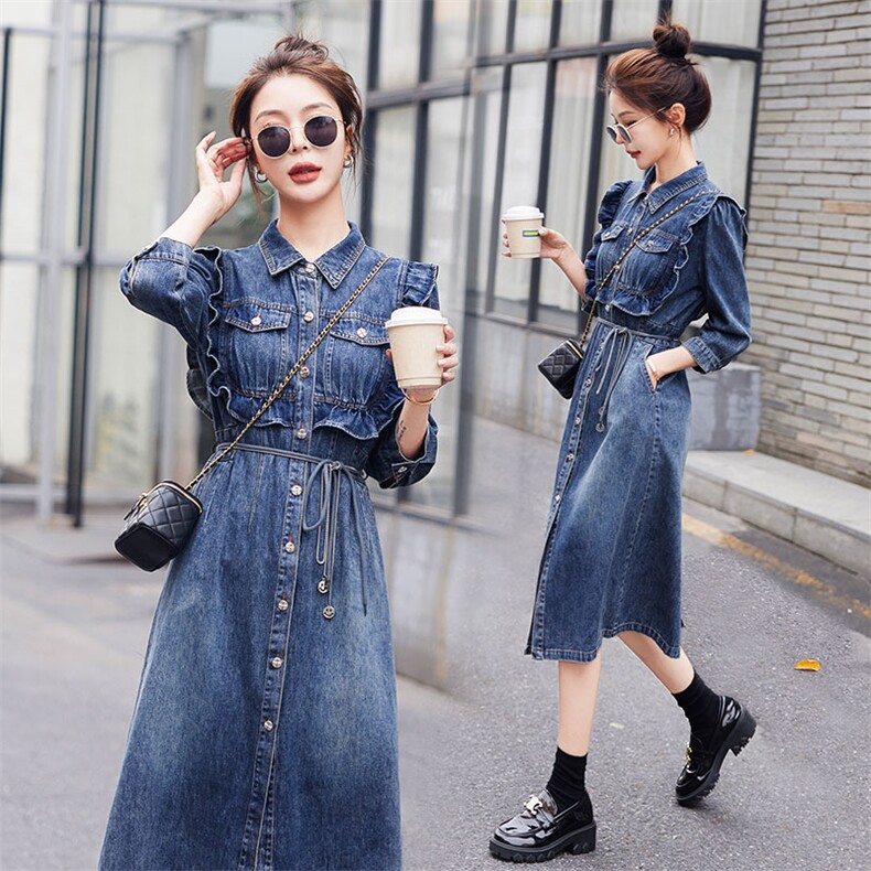 时尚显瘦牛仔连衣裙女长袖修身气质百搭裙子，女装连衣裙，秋水欣儿