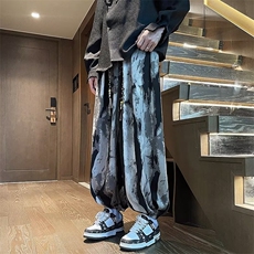 青少年宽松腰休闲裤直筒潮新中式风扎染水墨纹灯笼裤垂感X902，男装休闲裤，星座506