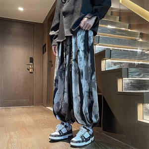 青少年宽松腰休闲裤直筒潮新中式风扎染水墨纹灯笼裤垂感X902图片