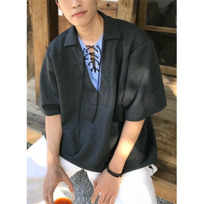 百搭流行拼接系带V领假两件短袖POLO衫男夏季翻领T恤上衣-T3300,男装Polo衫,星座601-1