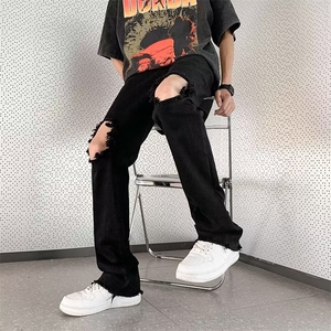 高街黑色膝盖破洞牛仔裤vibe风嘻哈夏季薄款直筒喇叭裤子男CK003图片