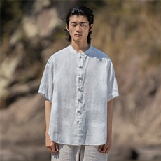 纯亚麻夏季薄款宽松短袖上衣风复古唐装盘扣衬衫男CS02，男装T恤，星座704A（原B229A）