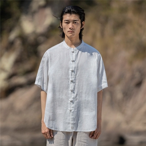 纯亚麻夏季薄款宽松短袖上衣风复古唐装盘扣衬衫男CS02图片