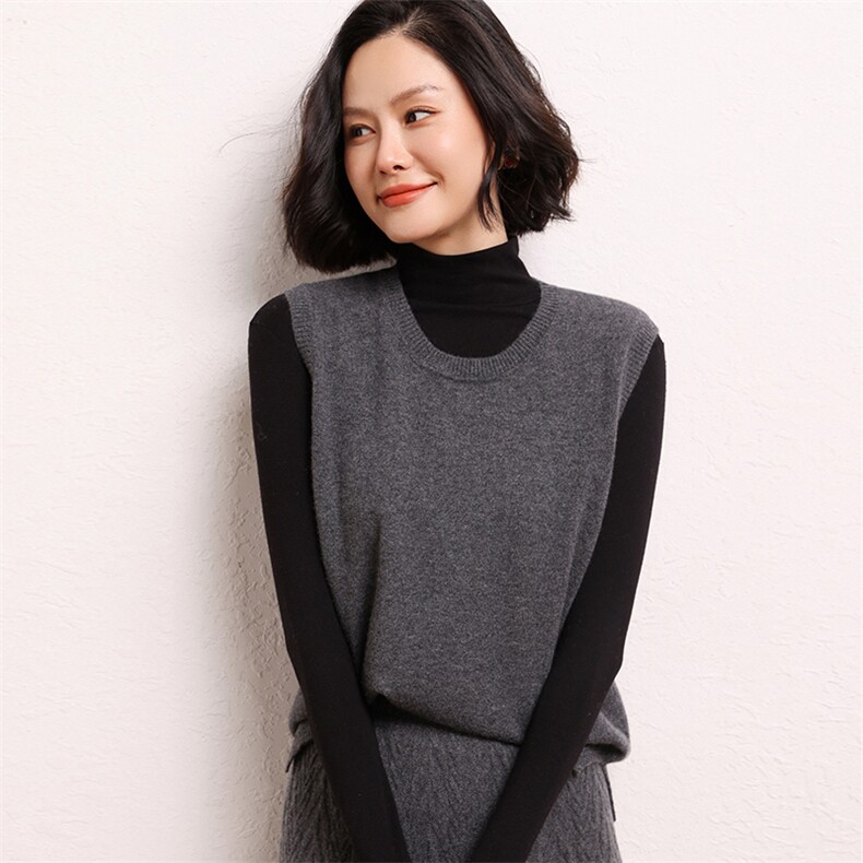 春季新款羊绒针织马甲女叠穿外搭圆领短款宽松无袖坎肩背心，女装羊绒衫，江帆羊绒
