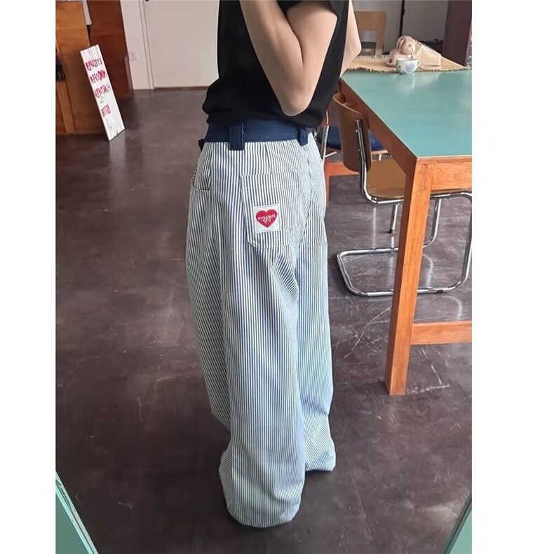 美式复古刺绣直筒竖条纹牛仔裤男女高街宽松百搭显瘦垂感长裤,男装牛仔裤,星座506A