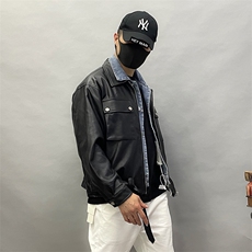 2205控265男士日系美式假两件宽松皮衣夹克韩版外套QT6009-1，男装夹克，星座1305