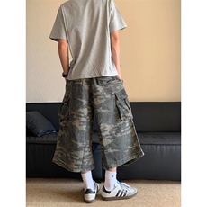 美式复古迷彩多口袋工装牛仔短裤男女休闲夏季新款宽松直筒七分裤，男装牛仔裤，星座506A