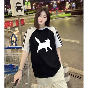 抖音得物品质二开240克宽松纯棉美式潮牌插肩三杠织带短袖T恤图片