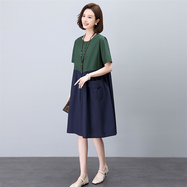 夏季拼接全棉连衣裙女2024新款夏装中年妈妈宽松休闲中长裙子,女装连衣裙,依恋蒂丝