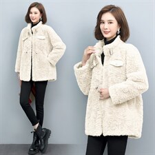 2022冬装新款时尚百搭仿羊羔毛皮毛一体加厚保暖外套，女装羊羔毛/颗粒绒，木子恋