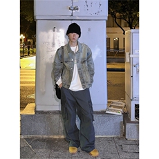 1506-1/JA1711/P73复古做旧短款牛仔外套男女同款渐变色翻领上衣，男装工装外套，星座1506-1