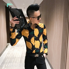312A-922-P55新款柠檬图案修身长袖衬衫男发型师网红夜场衬衣-首1，男装衬衫，星座312A-5