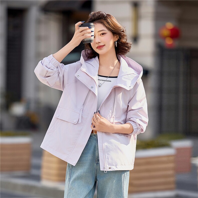 小个子短外套女2026年春季女士户外冲锋衣拉链短款连帽,女装短外套,悦祺