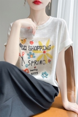 夏季新款时尚竹节麻太阳花短袖女修身显瘦百搭休闲上衣，女装T恤，暖姿羊绒