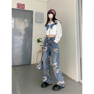 N8616彩绘牛仔裤女阔腿裤印花裤潮流设计感小众拖地裤P59图片