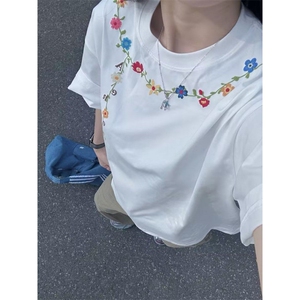 ICH MDOE 美式花卉项链刺绣短袖T恤女夏季新款高街宽松半袖上衣t图片