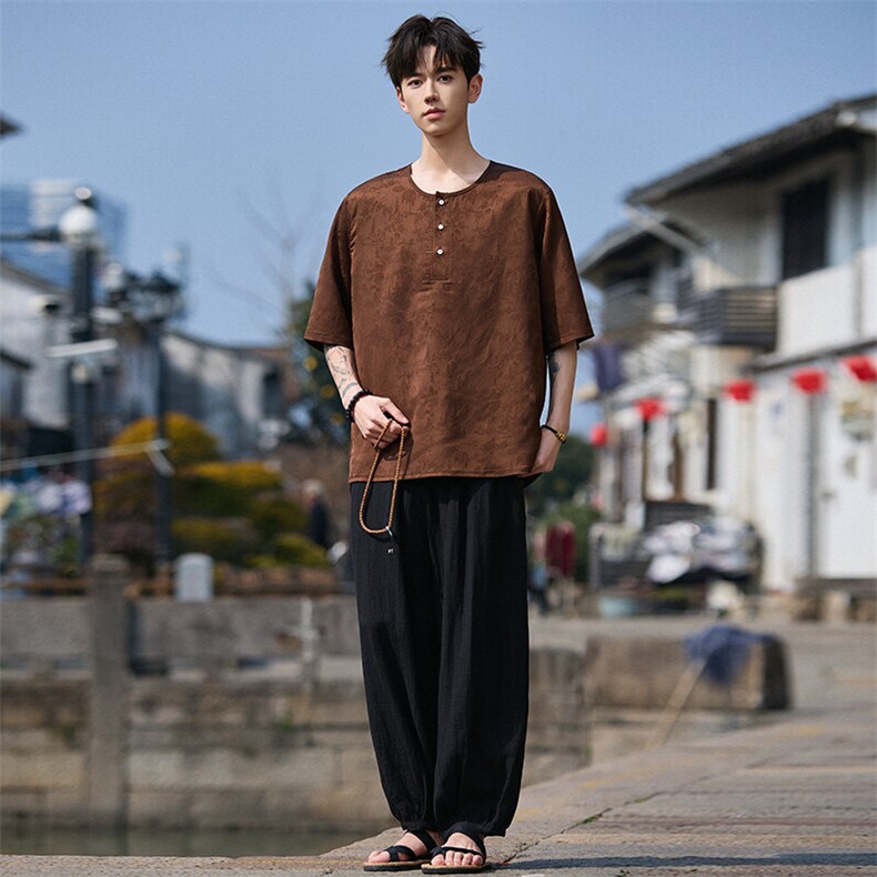 新中式新款短袖T恤提花体恤衫潮风上衣百搭款T2502-P55,男装T恤,电商A227
