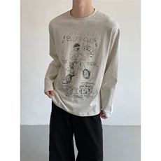 网图舒适慵懒美式复古涂鸦白花灰圆领长袖T恤打底衫CT818-P29，男装T恤，电商C310
