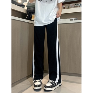 现货 品质重磅宽松直筒休闲条纹卫裤男拼接松紧腰阔腿女 K915-P50图片