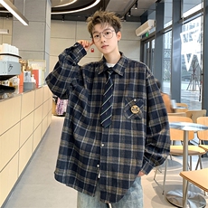 情侣美式复古徽章格子衬衫男长袖衬衣外套XZ225-3-CS03-P45控65，男装衬衫，星座225-3