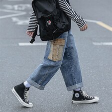 2021秋季新港风大码男日系工装撞色大裤脚阔腿裤牛仔裤N8028-P50，男装牛仔裤，电商A001