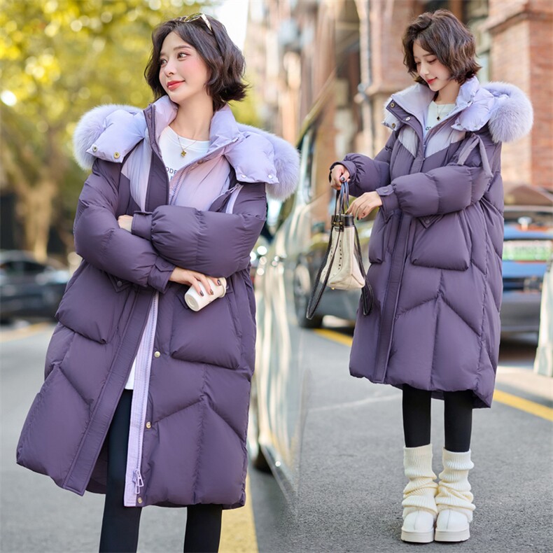 【bao款现货】2024新款冬装撞色连帽长款羽绒服90白鸭绒狐狸毛,女装羽绒服,雅静靓衣