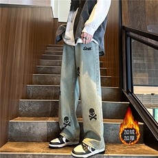 k1063J-p65-控88M-5XL立体印花水晶绒加绒港风高阶宽松牛仔裤微喇，男装牛仔裤，星座116