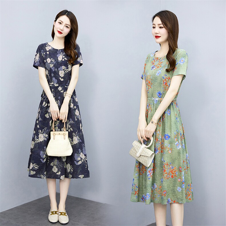 碎花棉麻连衣裙女2025夏季新款短袖宽松收腰显瘦休闲复古亚麻长裙，女装连衣裙，倪叶myz