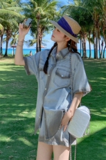 韩版休闲牛仔外套短裤两件套女夏2025新款设计感时尚宽松洋气套装，女装套装/套裙，2C159
