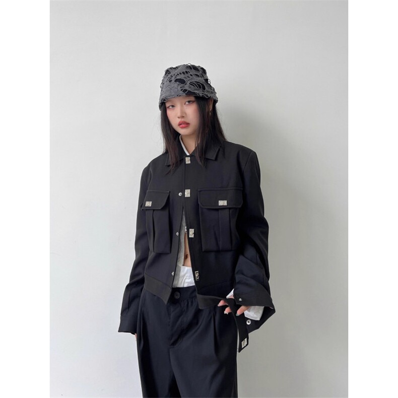 春秋休闲宽松慵懒小众设计感金属钮扣装饰大口袋短款夹克外套女,男装夹克,星座506A