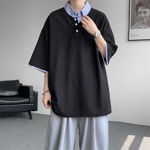 8XL-M假两件衬衫领短袖T恤大码夏季条纹拼接polo衫半袖DX1211/P45图片