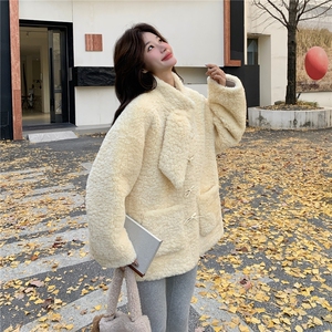 奶fufu黄色羊羔毛外套女2025年冬季新款超好看小个子加绒加厚棉服图片