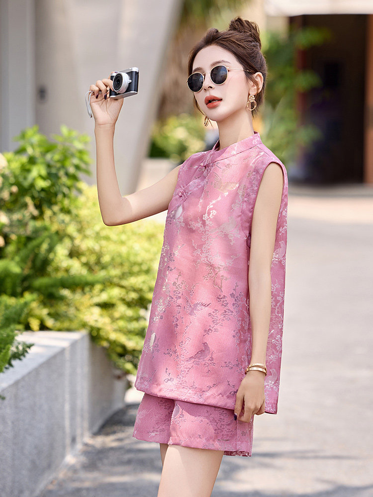 新中式国风套装女2025夏新款超好看绝美小个子微透上衣短裤两件套,女装套装/套裙,美沁