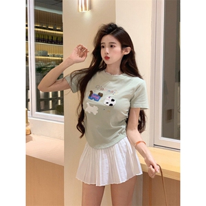 TT060-P40 短袖t恤夏2025潮刺绣修身短款圆领上衣韩版女装图片