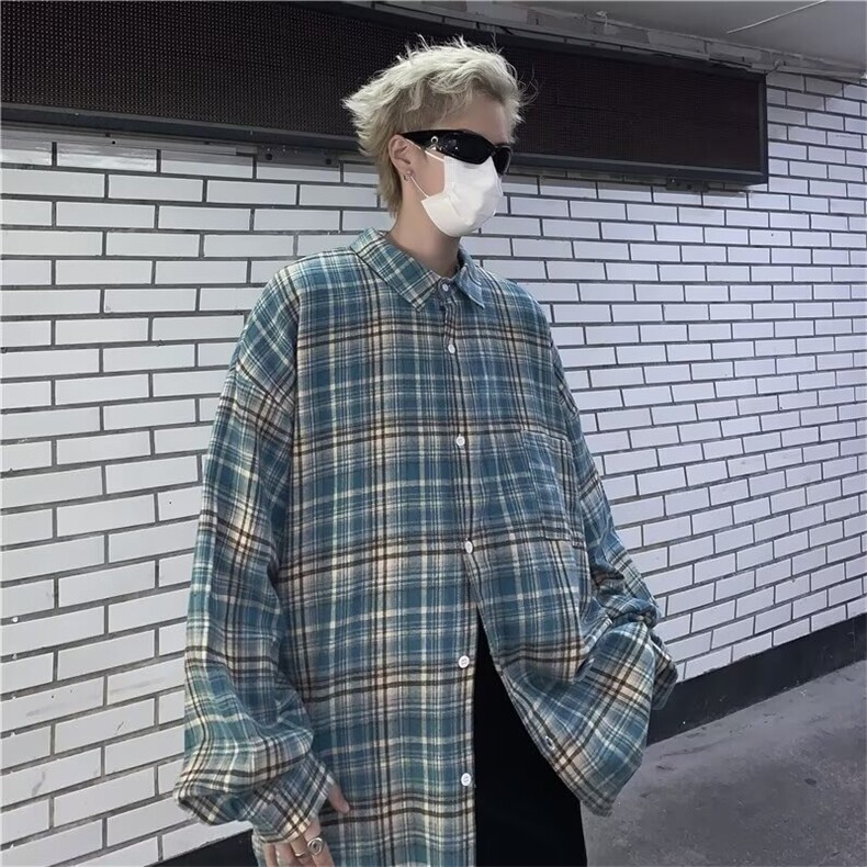 美式复古蓝色格子衬衫男女宽松春小众休闲百搭外套C798-P45,男装衬衫,星座1109-3