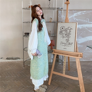 甜美小清新蝴蝶结针织背心连衣裙套装女2025秋新款减龄长裙两件套图片