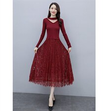 2022秋季新款针织线衣配蕾丝长款打底连衣裙，女装连衣裙，安之芮娜