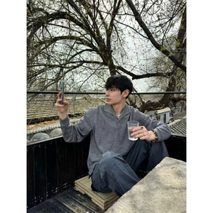 现货~老钱风罗马格意式一片领猫眼宝石扣polo长袖男~C25231批45图片
