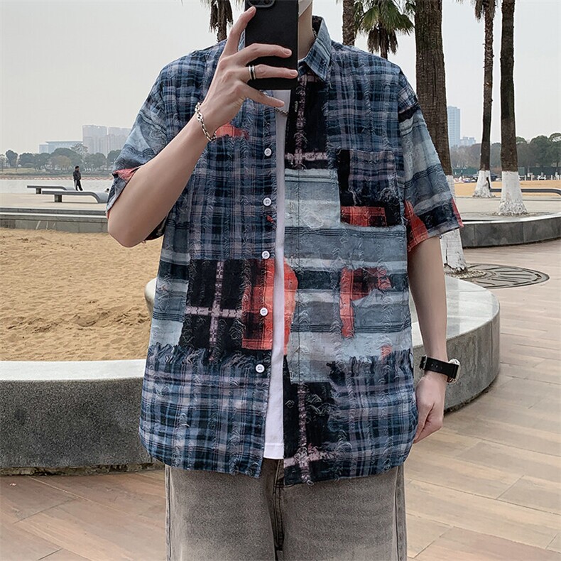 复古男款春秋夏季衬衫潮流宽松青年痞帅短袖破洞衬衣港风7224P45图片